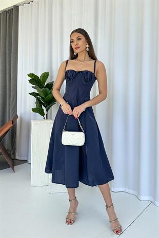 Kolsuz Bağlama Detaylı Kadın Elbise - Lacivert