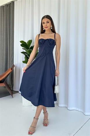 Kolsuz Bağlama Detaylı Kadın Elbise - Lacivert