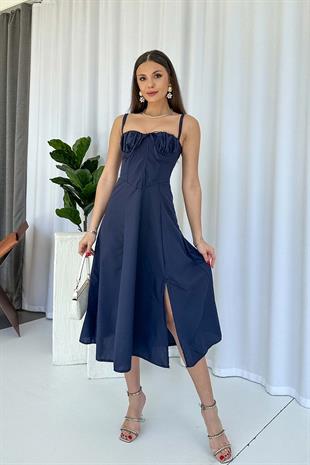Kolsuz Bağlama Detaylı Kadın Elbise - Lacivert