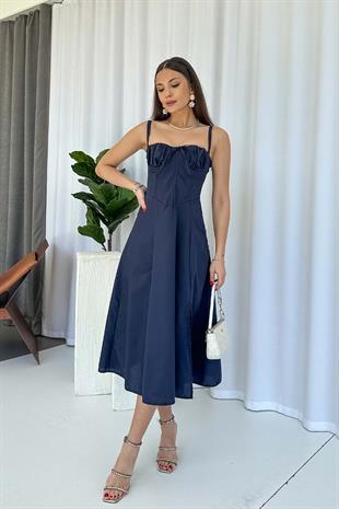 Kolsuz Bağlama Detaylı Kadın Elbise - Lacivert