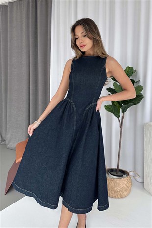 Kolsuz Denim Kiloş Kesim Kadın Elbise - Lacivert