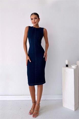 Kolsuz Denim Kot Midi Boy Kadın Elbise