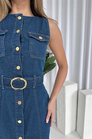 Kolsuz Denim Yırtmaç Detaylı Gold Kemerli Kadın Elbise