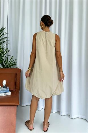 Kolsuz Etek Ucu Balon Elbise - Bej