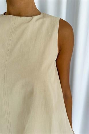 Kolsuz Etek Ucu Balon Elbise - Bej