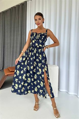 Kolsuz Göğüs Büzgü Detaylı Askılı Limon Desen Uzun Elbise - Lacivert