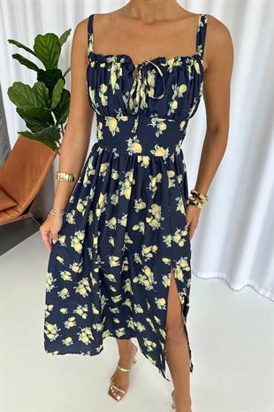 Kolsuz Göğüs Büzgü Detaylı Askılı Limon Desen Uzun Elbise - Lacivert