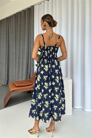 Kolsuz Göğüs Büzgü Detaylı Askılı Limon Desen Uzun Elbise - Lacivert