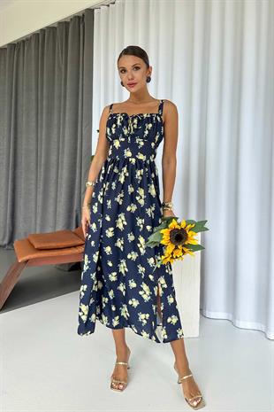 Kolsuz Göğüs Büzgü Detaylı Askılı Limon Desen Uzun Elbise - Lacivert