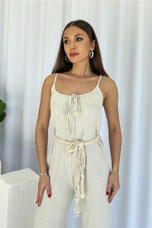 Kolsuz Kemer Detaylı Keten Tulum