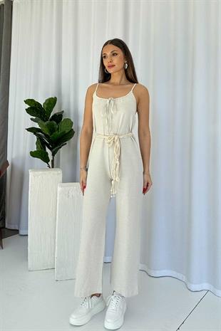 Kolsuz Kemer Detaylı Keten Tulum