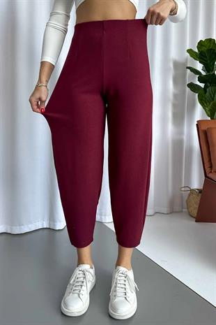 Krep Kemersiz Balon Kadın Pantolon - Bordo