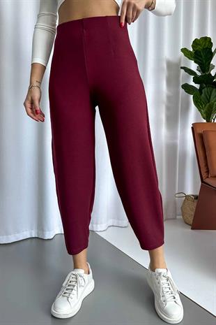 Krep Kemersiz Balon Kadın Pantolon - Bordo
