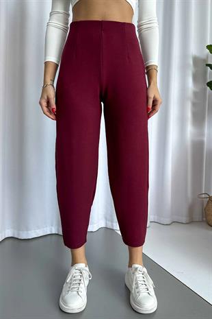 Krep Kemersiz Balon Kadın Pantolon - Bordo