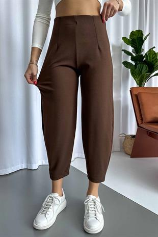 Krep Kemersiz Balon Kadın Pantolon - Kahverengi