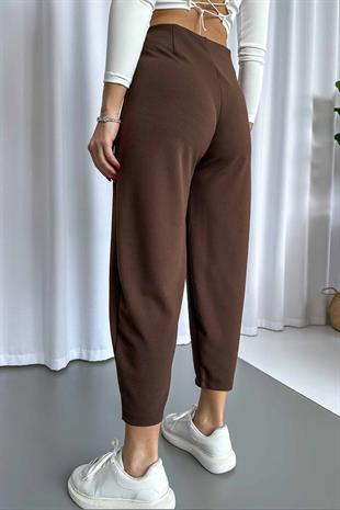 Krep Kemersiz Balon Kadın Pantolon - Kahverengi
