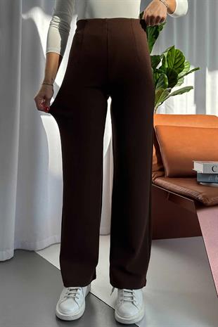 Krep Kemersiz Palazzo Kadın Pantolon - Kahverengi
