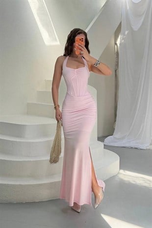 Kristal Kumaş Balenli Elbise - Pembe