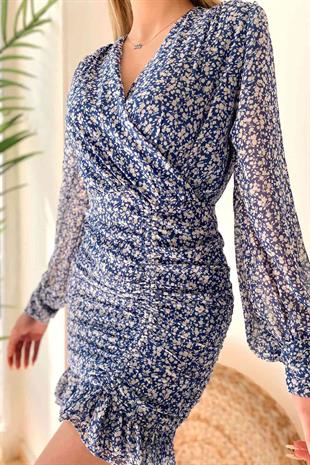 Kruvaze Yaka Drape Mavi Desenli Elbise