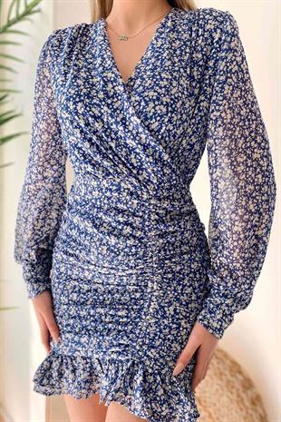 Kruvaze Yaka Drape Mavi Desenli Elbise