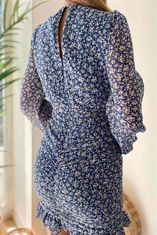 Kruvaze Yaka Drape Mavi Desenli Elbise