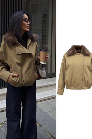 Kürklü Yaka Bomber Kadın Ceket - Haki