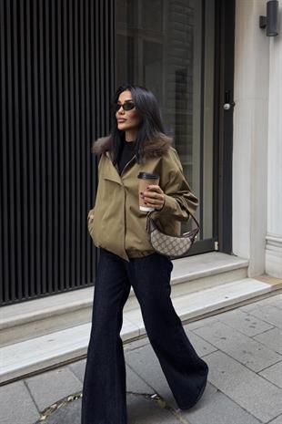 Kürklü Yaka Bomber Kadın Ceket - Haki