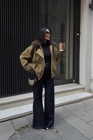 Kürklü Yaka Bomber Kadın Ceket - Haki