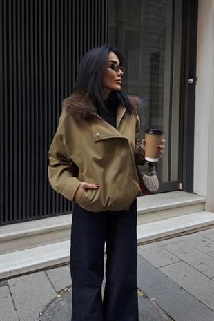 Kürklü Yaka Bomber Kadın Ceket - Haki