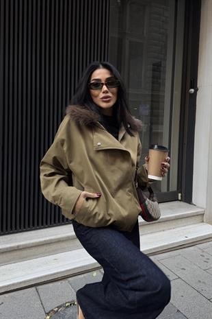 Kürklü Yaka Bomber Kadın Ceket - Haki