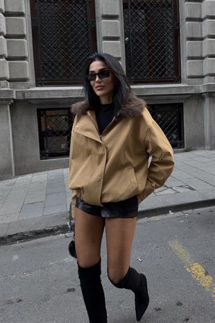 Kürklü Yaka Bomber Kadın Ceket - Taba