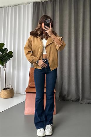 Kürklü Yaka Bomber Kadın Ceket - Taba