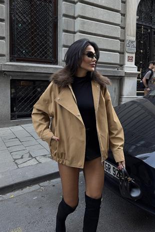 Kürklü Yaka Bomber Kadın Ceket - Taba