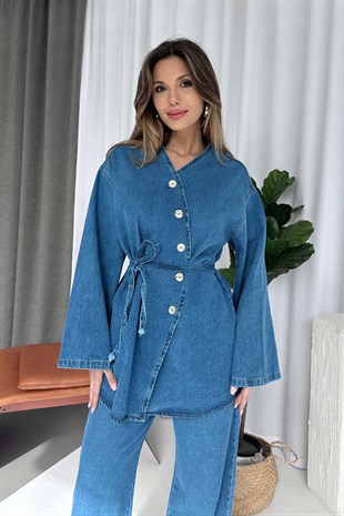 Kuşak Detay Asimetrik Yaka Denim Takım - Mavi