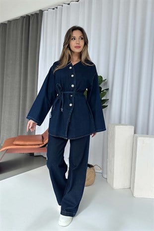 Kuşak Detay Asimetrik Yaka Denim Takım - Lacivert