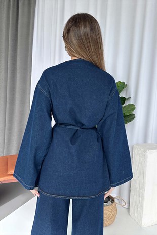 Kuşak Detay Asimetrik Yaka Denim Takım - Lacivert
