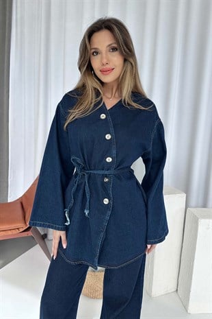 Kuşak Detay Asimetrik Yaka Denim Takım - Lacivert