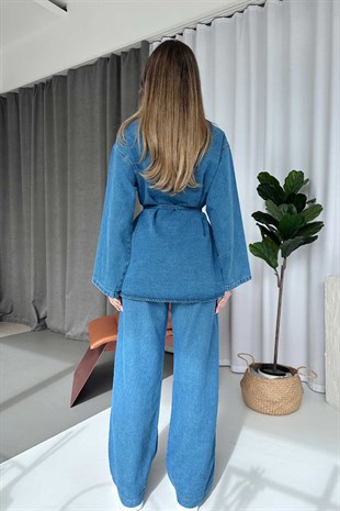 Kuşak Detay Asimetrik Yaka Denim Takım - Mavi