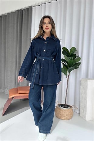 Kuşak Detay Gömlek Yaka Denim Takım - Lacivert