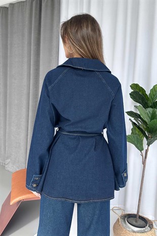 Kuşak Detay Gömlek Yaka Denim Takım - Lacivert