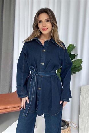Kuşak Detay Gömlek Yaka Denim Takım - Lacivert