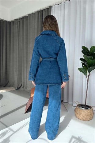 Kuşak Detay Gömlek Yaka Denim Takım - Mavi