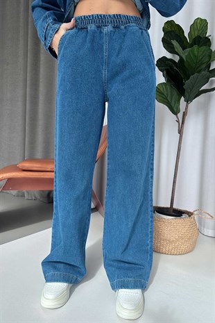 Kuşak Detay Gömlek Yaka Denim Takım - Mavi