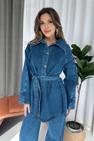 Kuşak Detay Gömlek Yaka Denim Takım - Mavi