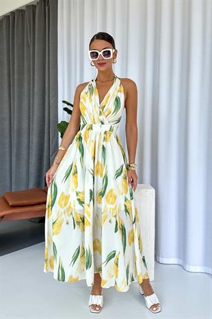 Lale Desenli Belden Oturan Uzun Şifon Elbise - Sarı