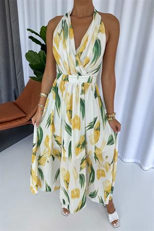 Lale Desenli Belden Oturan Uzun Şifon Elbise - Sarı