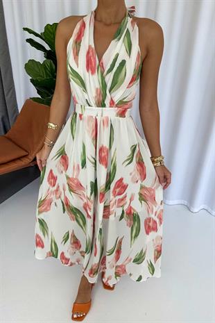 Lale Desenli Belden Oturan Uzun Şifon Elbise - Pembe