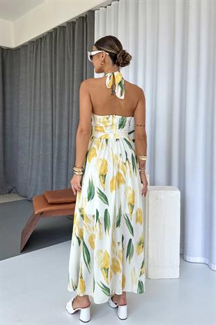 Lale Desenli Belden Oturan Uzun Şifon Elbise - Sarı