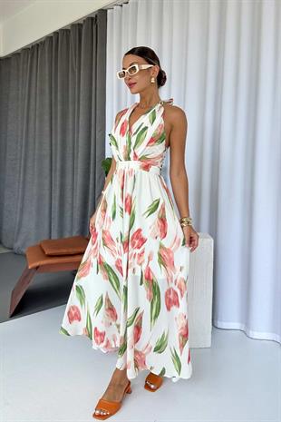 Lale Desenli Belden Oturan Uzun Şifon Elbise - Pembe