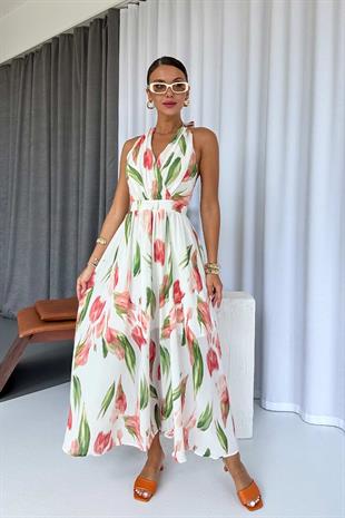 Lale Desenli Belden Oturan Uzun Şifon Elbise - Pembe